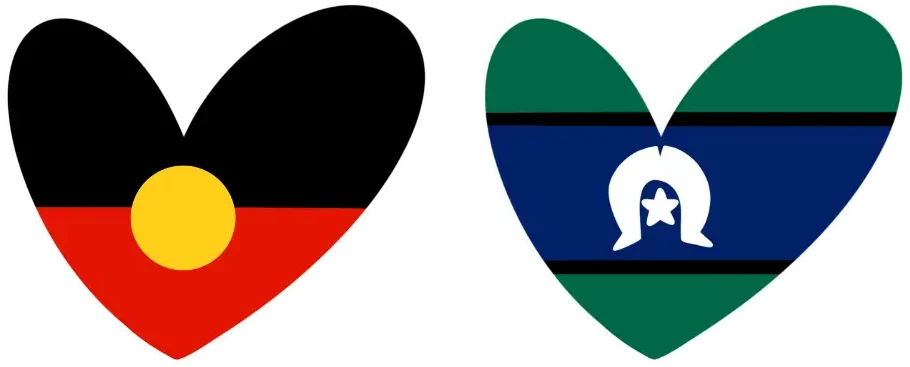 The Aboriginal and Torres Strait Island flags in the shape of hearts.