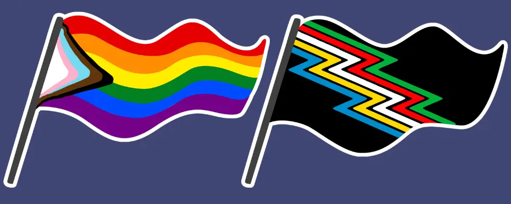 Illustrations of the LGBTQIA+ rainbow pride flag and the disability pride flag with zigzag coloured lines on black. The flags are depicted on short poles, fluttering in a breeze.