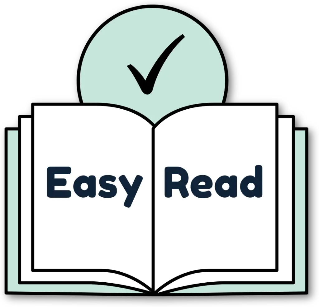 Logo for Easy Read the the words "Easy Read" on a book and a tick in a circle.